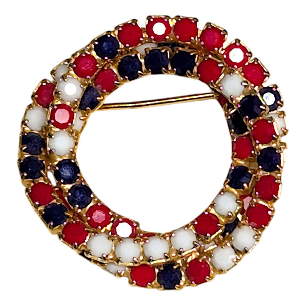 Patriotic Red White Blue Intertwined Circle Gold Tone Fashion Brooch Lapel Pin